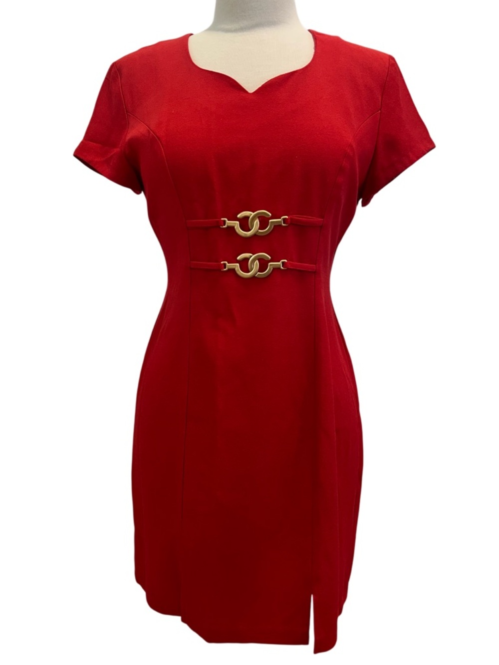 SCARLETT- VINTAGE 1980/90s TOMATO RED Short-Sleeve Sheath Dress with Gold Buckle